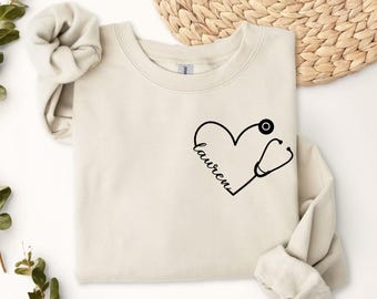 Personalized Nurse Stethoscope Heart Sweatshirt, Custom Nurse Name Sweater, Heart Nurse Crewneck, Nursing School Gift, RN Graduation Hoodie