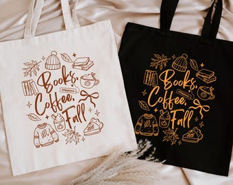 Books, Coffee, Fall Lover Bag, Cozy Fall Lover Bag, Books Coffee Fall Lover Tee, Funny Fall Bag Tote, Coquette Bow Tote, Book Lover Fall Bag