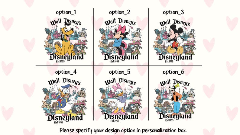 Pu&ograve; includere: Sei design a tema Disney con personaggi come Pluto, Minnie Mouse, Mickey Mouse, Paperino, Paperina e Pippo. Ogni design include il testo "Walt Disney's Disneyland Est. 1955". I design sono su sfondo bianco con accenti a forma di cuore rosa.