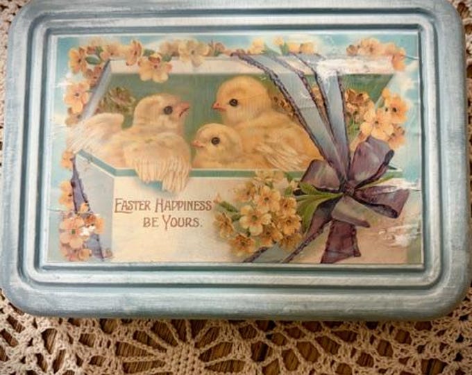 Featured listing image: Baby Chick Easter plaque: distressed surface finish; French blue milk paint; decoupage coated; adorable!