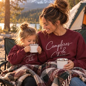 Campfires & Chaos Crewneck Sweatshirt | Script Camping Quote, Cozy Outdoor Vibes