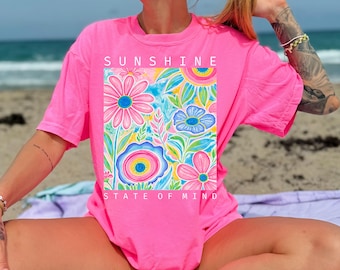 Sunshine Floral Tee Comfort Colors 1717, Colorful Flower Shirt Women, Summer Graphic Tee, Cute Beach Outfit, Gift for Her