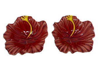Vtg 2 Pink Hibiscus Flower Shaped 5.5" Tropic Ceramic Decorative Hawaii Bowls
