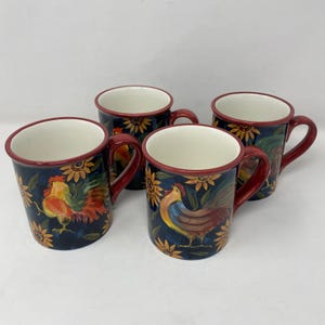 Vintage Set 4 Certified International Mugs Blue Rooster Sunflower Susan Winget