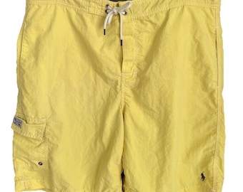Bañador vintage Polo Ralph Lauren para hombre, talla grande, color amarillo, con bolsillo cargo y forro de malla.