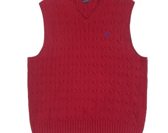 Vtg Polo Ralph Lauren Hombres L Rojo Cable Punto Suéter Chaleco Algodón Y2K Abuelo Logo