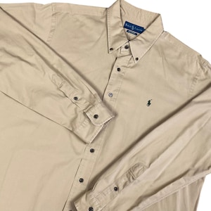 Camisa vintage Ralph Lauren para hombre, talla XXL, color beige, corte personalizado, manga larga, sarga, pony.
