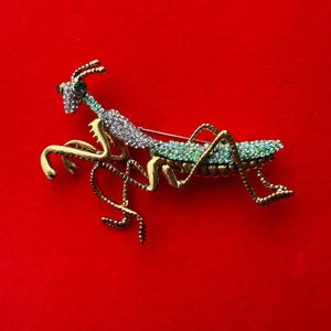 Puede incluir: Broche de metal dorado con forma de mantis religiosa, adornado con pedrería transparente y verde. El cuerpo del insecto está detallado con intrincados trabajos en metal, y el broche tiene un cierre de alfiler. El fondo es rojo liso.