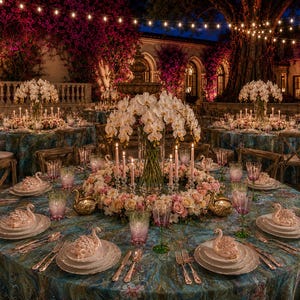 Puede incluir: Una mesa de comedor redonda preparada para un evento formal con un mantel azul estampado, centros de mesa de orquídeas blancas, coronas de rosas rosadas, platos con forma de cisne, cristalería, cubiertos de plata y platos blancos bajo luces.