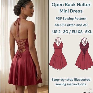 May include: A burgundy open-back halter mini dress. The dress features a halter neckline, a laced-up back, and a flared skirt. The image also includes a PDF sewing pattern with step-by-step illustrated instructions. The dress is available in sizes US 2-30 / EU XS-5XL.