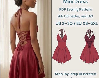 Open Back Halter Mini Dress PDF Sewing Pattern | Lace-Up Summer Dress | Fit & Flare Skirt | Sizes XS-3XL| Beginner Friendly.