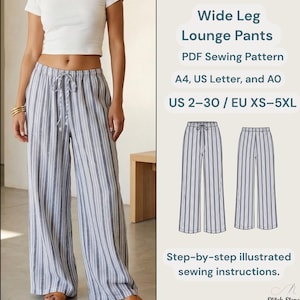 Patrón de costura en PDF para pantalones de salón de pierna ancha | Pantalones con cordón | Pantalones casuales con cintura elástica | Pantalones de lino para verano | Tallas XS-XXXL