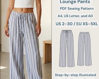 Wide Leg Lounge Pants PDF Sewing Pattern | Drawstring Pants | Casual Elastic Waist Trousers | Linen Summer Pants | Sizes XS-XXXL