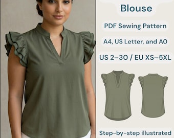 Linen Top Pattern PDF | Ruffled Sleeve Blouse Sewing Pattern, Sleeveless Top DIY | Beginner Friendly.