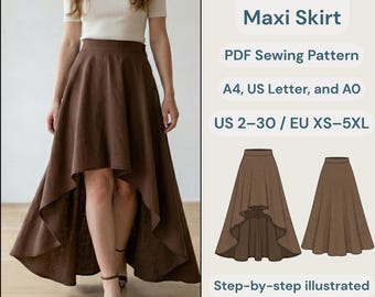 Full Circle Maxi Skirt PDF Sewing Pattern | High Waisted Long Skirt DIY | Side Button Skirt | Hi-Low Skirt | Sizes XS-4XL
