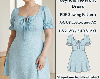 Keyhole Tie Front Dress PDF Sewing Pattern | Romantic Summer Square Neckline Puff Sleeve Dress DIY |  | Flared Skirt | Sizes XS-3XL
