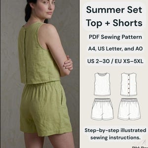 Shorts med resår i midjan och linne med knappar bak – PDF-sömnadsmönster | Storlekar XS–5XL (US 2–30) | Nybörjarvänlig