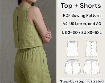 Elastic-Waist Shorts & Button-Back Tank – PDF Sewing Pattern Set | Sizes XS–5XL (US 2–30) | Beginner Friendly