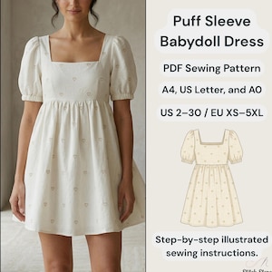 Babydoll-jurk met vierkante hals en pofmouwen (PDF-naaipatroon) | Mini-jurk met empiretaille en elastische taille (DIY) | Romantische cottagecore-jurk | Maten XS-3XL