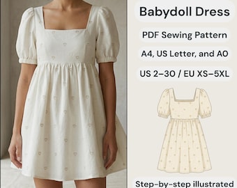 Square Neck Puff Sleeve Babydoll Dress PDF Sewing Pattern | Pull-On Empire Waist Mini Dress DIY | Romantic Cottagecore Dress | Sizes XS-3XL