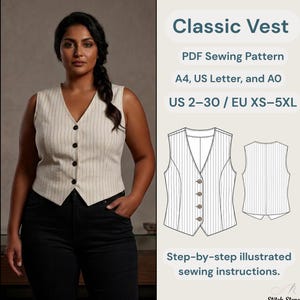 Peut inclure: Une femme porte un gilet crème à fines rayures avec des boutons noirs et un pantalon noir. L'image comprend un schéma du gilet et le texte "Classic Vest, PDF Sewing Pattern, US 2-30 / EU XS-5XL, Step-by-step illustrated sewing instructions."