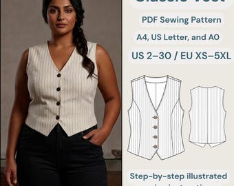 Classic Vest PDF Sewing Pattern | Tailored Waistcoat For Women | Button-Up Top Pattern | V-Neck Vest | Sizes XS-3XL | Beginner Friendly.