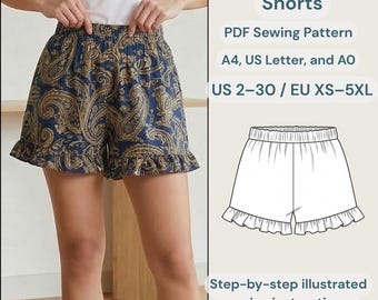 High-Waisted Shorts PDF Sewing Pattern | Elastic Waist Summer Trousers | Casual Linen Women's Shorts | Easy Pull-On Shorts | Sizes XS-XXXL