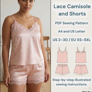 Sleep Set PDF Sewing Pattern | Women's Pajama Set DIY | Lace Camisole and Shorts Pattern | Satin Loungewear | Sizes XXS-4XL