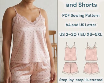 Sleep Set PDF Sewing Pattern | Women's Pajama Set DIY | Lace Camisole and Shorts Pattern | Satin Loungewear | Sizes XXS-4XL