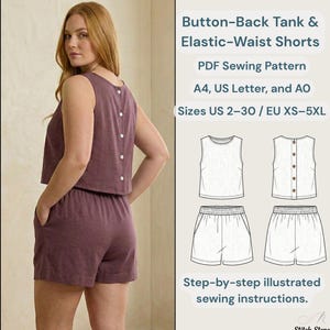 Button-Back Tank & Elastic-Waist Shorts – PDF Sewing Pattern Set | Sizes XS–5XL (US 2–30) | Beginner Friendly