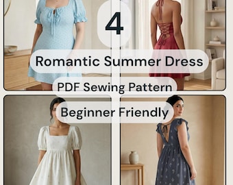 4 Summer Dress PDF Sewing Pattern Bundle | Romantic DIY Dress Collection | Puff Sleeve, Open Back & Babydoll Dresses | Sizes XS-3XL