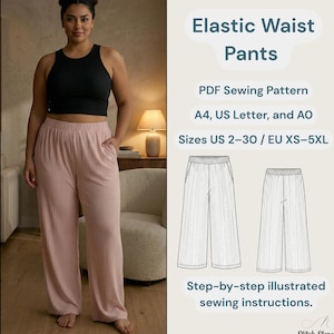 Peut inclure: Une femme porte un pantalon à taille élastique rose clair et un débardeur noir. L'image comprend un patron de couture PDF pour un pantalon à taille élastique, avec des tailles US 2-30 / EU XS-5XL. Le patron comprend des instructions de couture illustrées étape par étape.