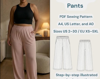 Elastic Waist Pants PDF Sewing Pattern – Wide-Leg Comfy Trousers for Women (US 2–30 / XS–5XL)