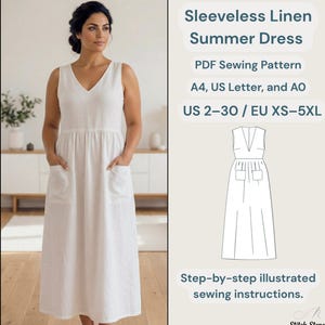 Maxi Dress Sewing Pattern PDF | Sleeveless Linen Summer Dress | V-Neck Gathered Skirt Dress with Pockets | Beginner Friendly.