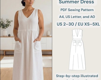 Maxi Dress Sewing Pattern PDF | Sleeveless Linen Summer Dress | V-Neck Gathered Skirt Dress with Pockets | Beginner Friendly.