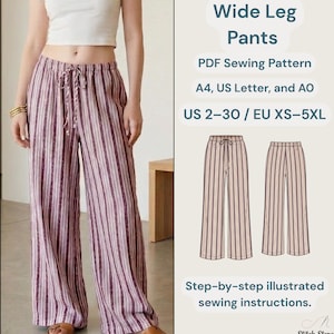 Naaipatroon voor linnen broek (PDF) | Broek met trekkoord | Casual broek met elastische taille | Patroon voor zomerbroek met wijde pijpen | Maten XS-XXXL.