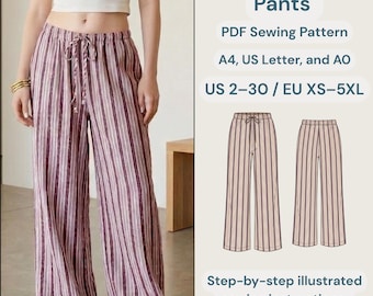 Linen Pants PDF Sewing Pattern | Drawstring Pants | Casual Elastic Waist Trousers | Wide Leg Summer Pants Pattern | Sizes XS-XXXL.