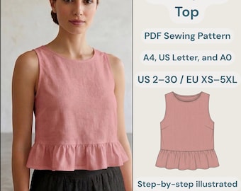 Easy Top Sewing Pattern PDF | Ruffled Crop Top, Sleeveless Blouse DIY | Beginner Friendly.