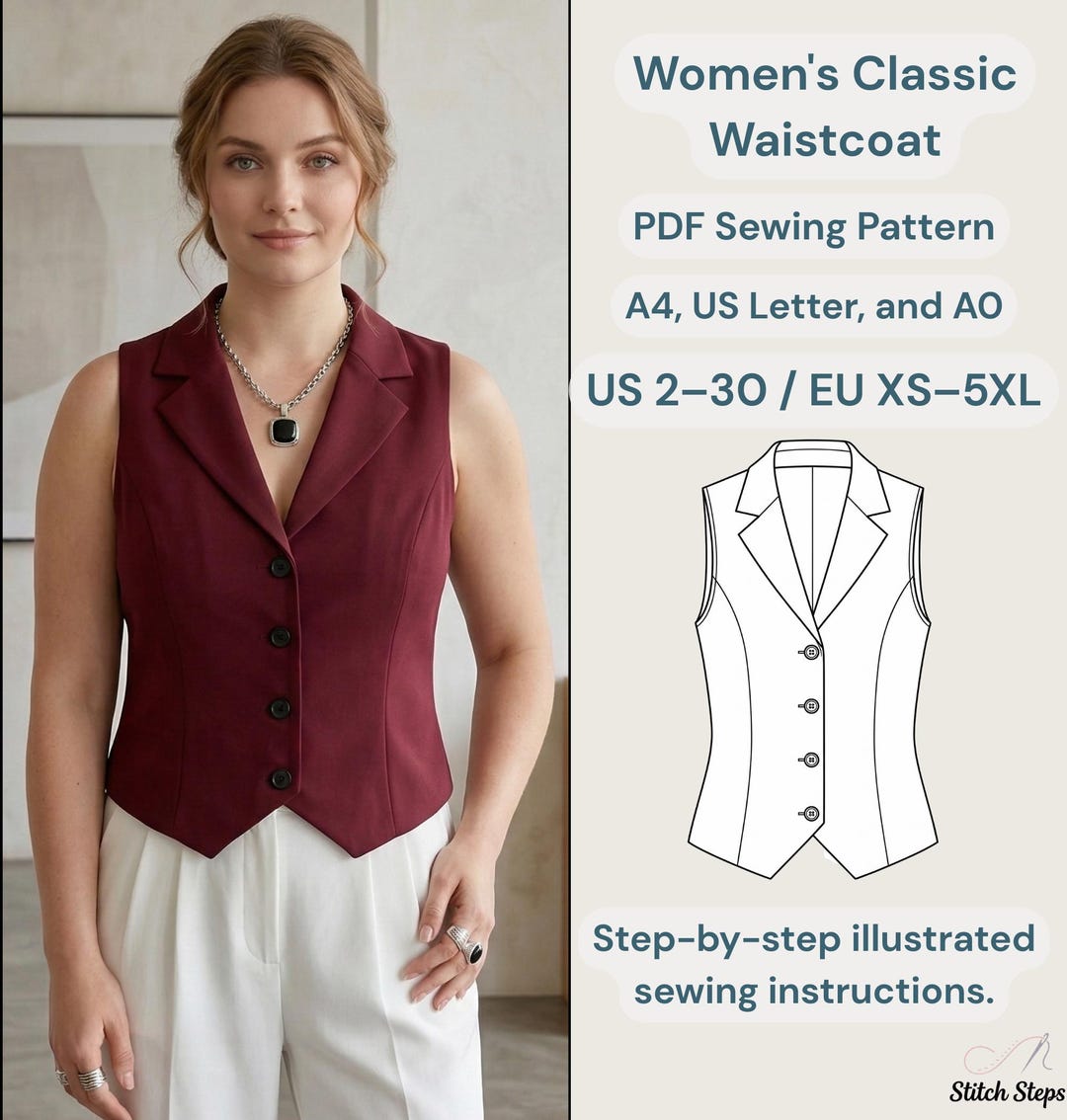Women's Classic Vest PDF Sewing Pattern | Tailored Waistcoat ...