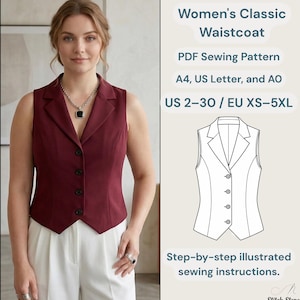 May include: A woman wearing a burgundy waistcoat with a black button closure, paired with white pants. The image includes text: "Women's Classic Waistcoat, PDF Sewing Pattern, US 2-30 / EU XS-5XL, Step-by-step illustrated sewing instructions."