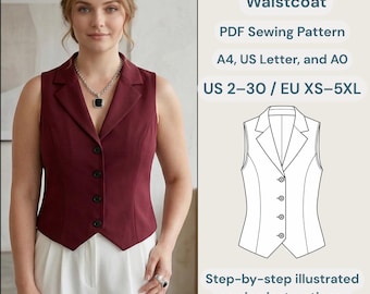 Women's Classic Vest PDF Sewing Pattern | Tailored Waistcoat | Sleeveless Button-Up Top | V-Neck Layering Vest | Beginner Friendly.