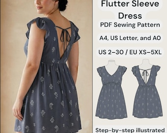 V-Neck Flutter Sleeve Dress PDF Sewing Pattern | Open Back Summer Dress DIY | Romantic Gathered Skirt Dress | Sizes XS-2XL