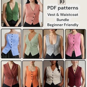 Puede incluir: Una colección de diez patrones PDF para chalecos. La imagen muestra varios estilos en diferentes colores, incluyendo verde, rosa, azul y naranja. El texto en la imagen dice "Vest & Waistcoat Bundle Beginner Friendly".