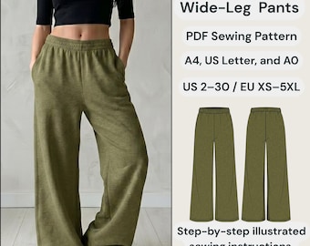 Wide Leg Pants PDF Sewing Pattern | Womens Elastic Waist Lounge Pants with Pockets | Sizes XS-3XL | A0, A4, US Letter