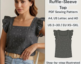 Square Neck Ruffle-Sleeve Top PDF Sewing Pattern | Women's Blouse DIY | Romantic Summer Top | Sizes XS-3XL.