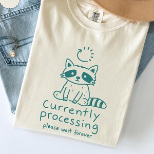 May include: Cream-colored t-shirt with a teal raccoon graphic and the words "Currently processing please wait forever." The shirt is folded on top of blue jeans and a brown hat.