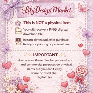 May include: A digital download advertisement for Lily Design Market. The image features a soft, pastel color scheme with hearts, flowers, and butterflies. Text indicates the product is a PNG file, available for instant download and personal or commercial use.