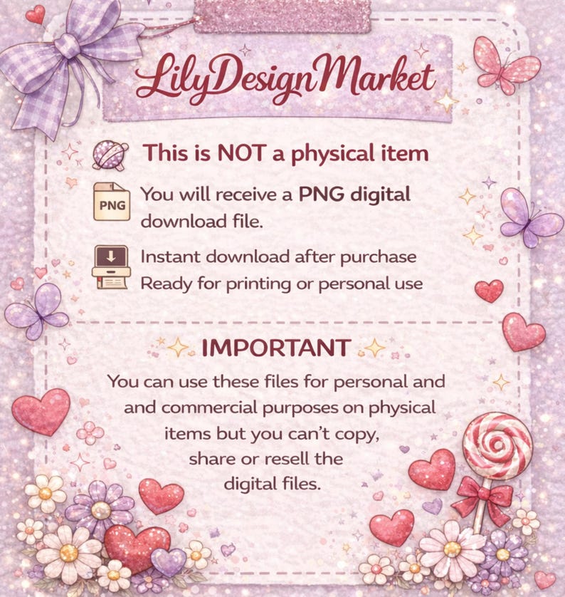 May include: A digital download advertisement for Lily Design Market. The image features a soft, pastel color scheme with hearts, flowers, and butterflies. Text indicates the product is a PNG file, available for instant download and personal or commercial use.