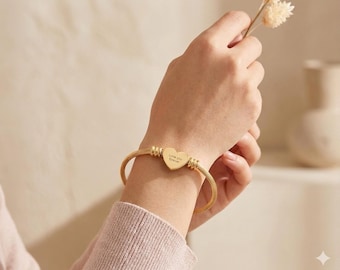 Engraved Heart Cuff Bracelet, Gold Silver, Love Message Jewelry