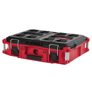 Pode incluir: Uma caixa de ferramentas vermelha e preta com uma parte superior preta e uma base vermelha. A caixa de ferramentas tem duas travas pretas, uma al&ccedil;a preta e detalhes em metal prateado. A parte superior tem v&aacute;rios compartimentos.
